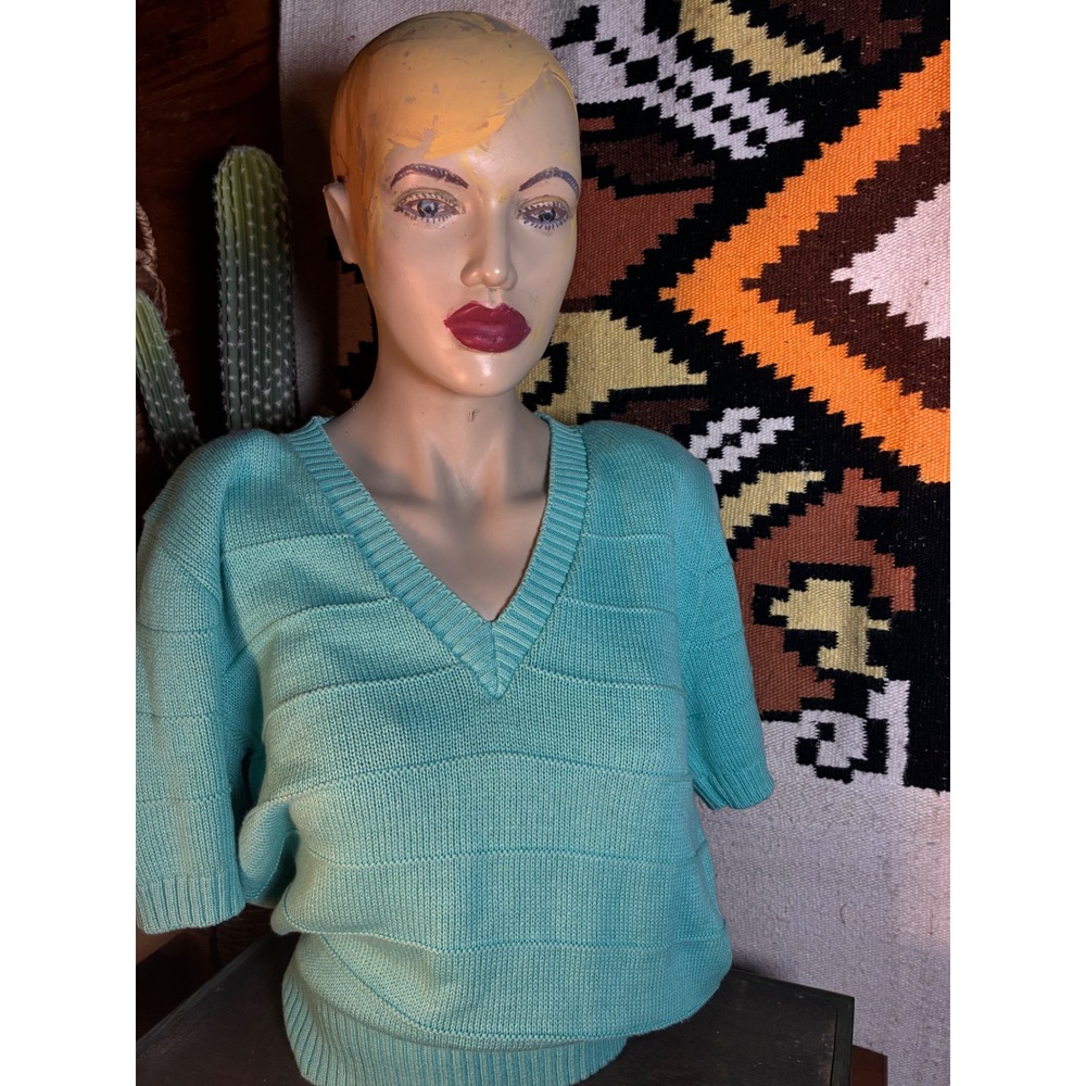 Prophecy Knit Sweater Womens Small Turquoise Excellent V-Neck Short Sleeve 80s